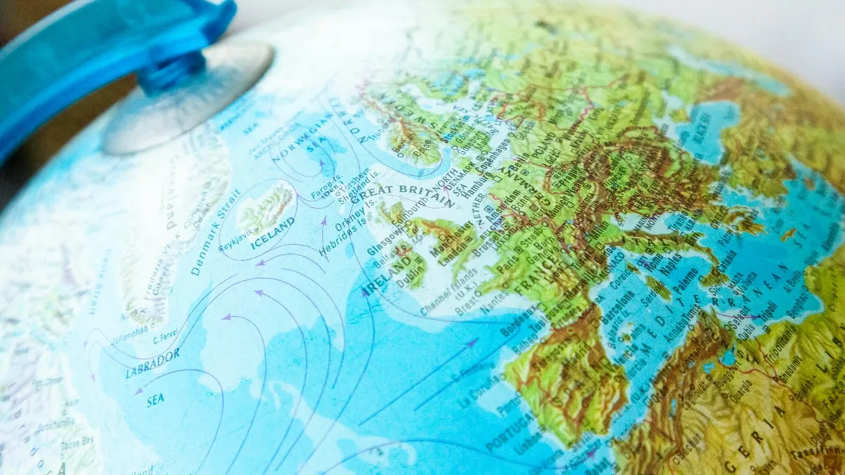 Detailed view of a world globe focusing on Europe and surrounding regions.