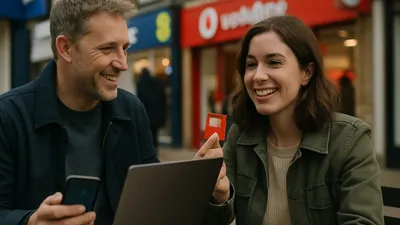 A smiling man and woman sit outdoors with a laptop. The woman holds up a red SIM card.