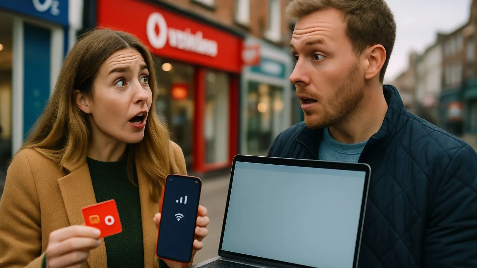 A surprised woman holds a SIM card and phone with no signal, next to a man with a laptop.
