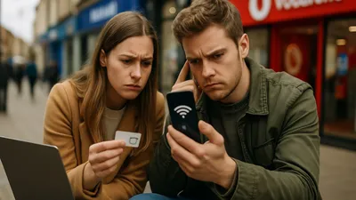A man and woman looking confused at a phone displaying a WiFi symbol, with a SIM card and laptop nearby.