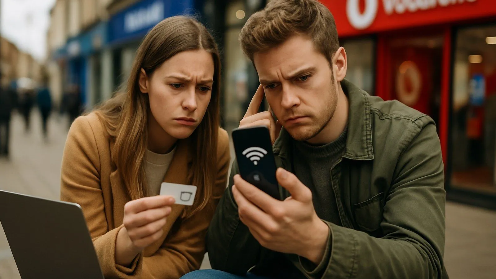 A man and woman looking confused at a phone displaying a WiFi symbol, with a SIM card and laptop nearby.