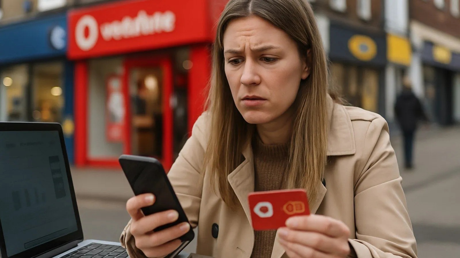 A concerned woman looks at her phone, holding a red card, with a laptop and a shop in the background.