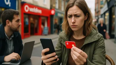 A woman looks confused while holding a phone and a red SIM card, with a man and a shop in the background.