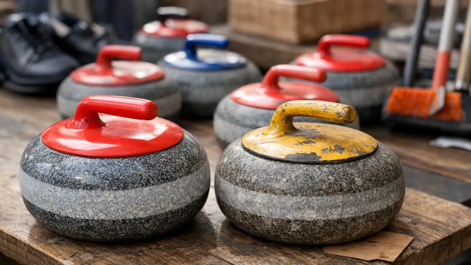 A close-up of several granite curling stones with red, blue, and yellow handles on a wooden surface.