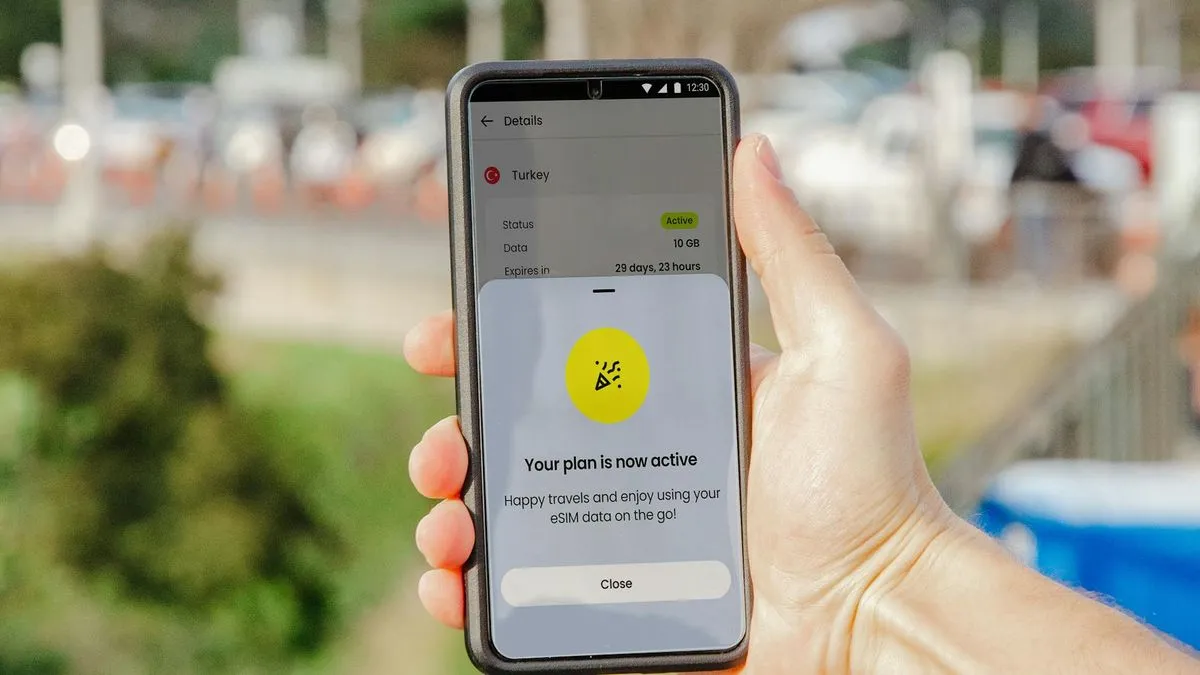 A hand holding a smartphone displaying a mobile plan activation message on screen.