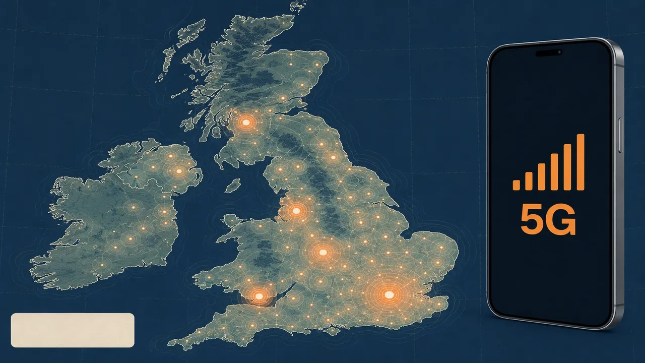 Editorial illustration of a stylised map of the United Kingdom with mobile signal coverage zones visualised as concentric circles, alongside a smartphone displaying a 5G signal indicator.
